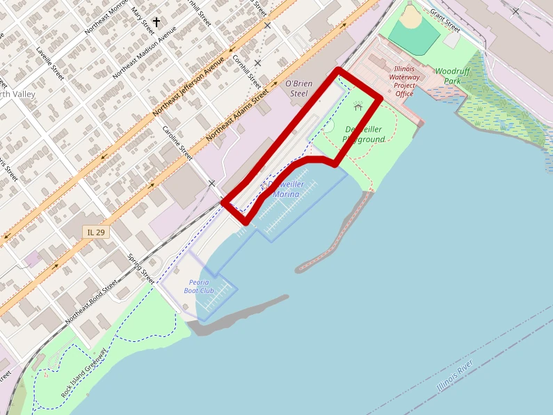 A map of the Detweiller Marina and Playground, showing the affected area highlighted in red. Most of the Marina and Playground would be privatized.
