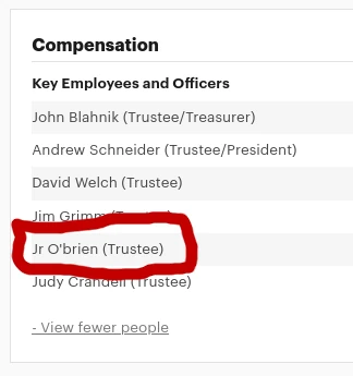 A screenshot of ProPublica showing that Jr O'brien is on the board of trustees for the Detweiller Playground non-profit